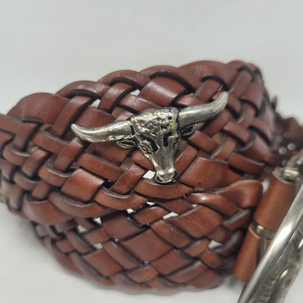 Brown Leather Belt Mens Large Western Cowboy Rodeo Bull Head Engraved Buckle